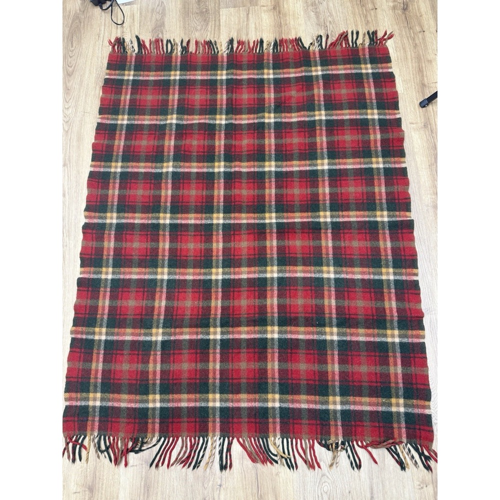 Pendleton Pure Virgin Wool Plaid Fringed Throw Blanket Red Green White 46x63"